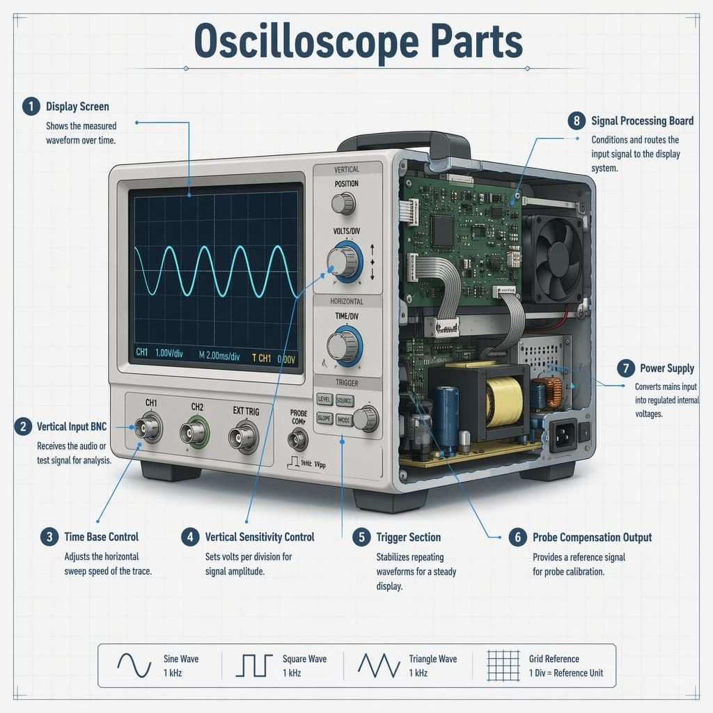 Blueprint-style camera anatomy diagram showing a labeled bench oscilloscope cutaway with 8 parts and function callouts.