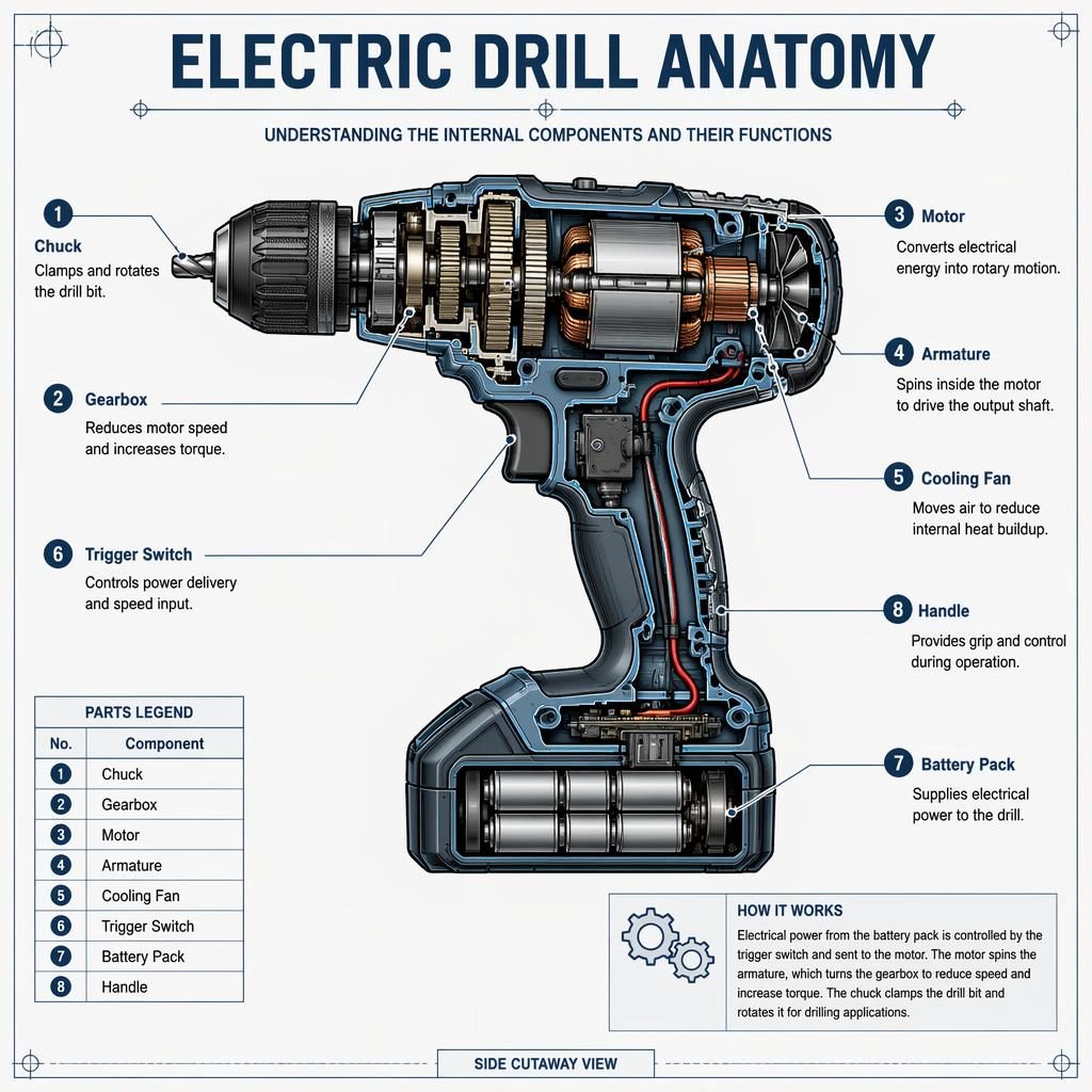Blueprint-style cutaway infographic of an electric drill with 8 labeled internal parts, legend, and alignment guides.
