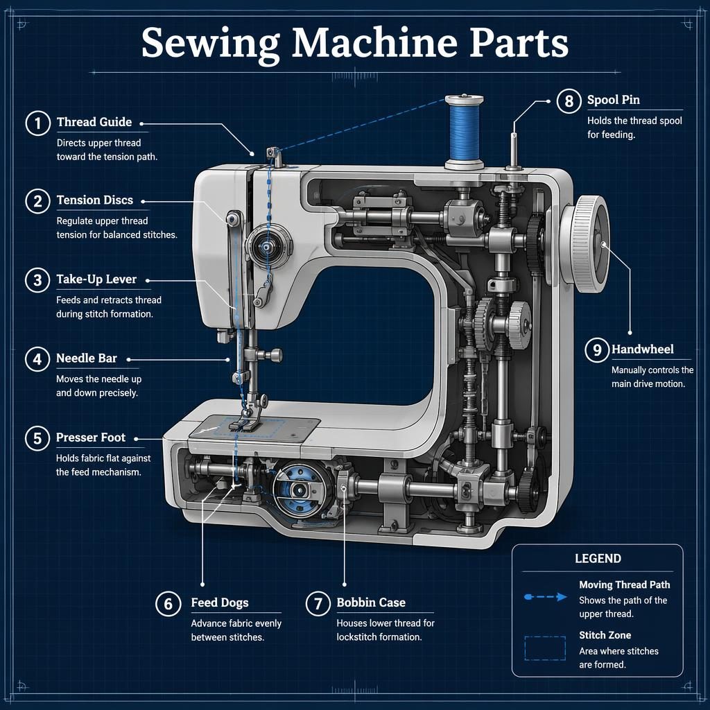 Blueprint infographic of a domestic sewing machine cutaway with 9 labeled parts, leader lines, and a small legend panel.