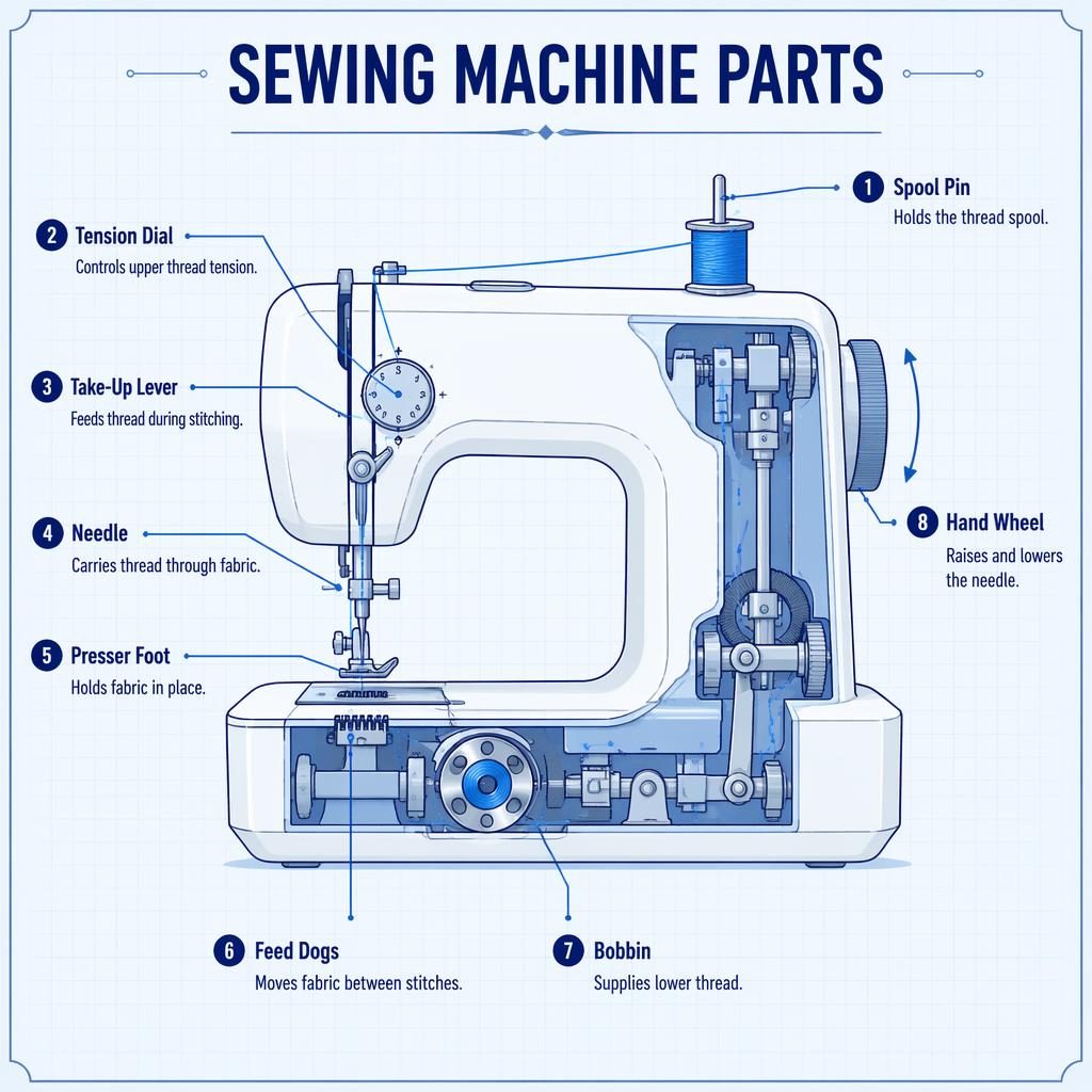 Blueprint-style infographic of a domestic sewing machine cross-section with 8 labeled parts, leader lines, and grid background.