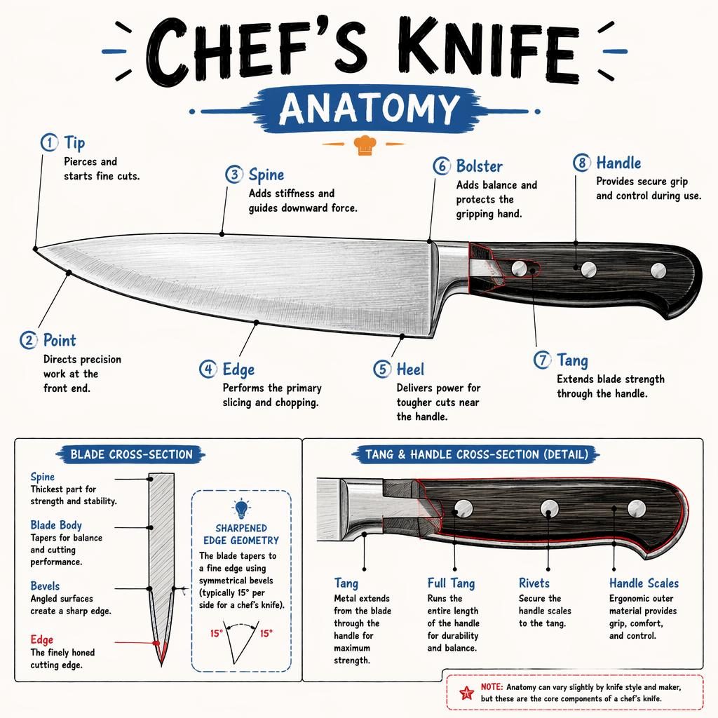 Sketchnote infographic of a chef's knife anatomy with 8 labeled parts, leader lines, and inset cross-section details.