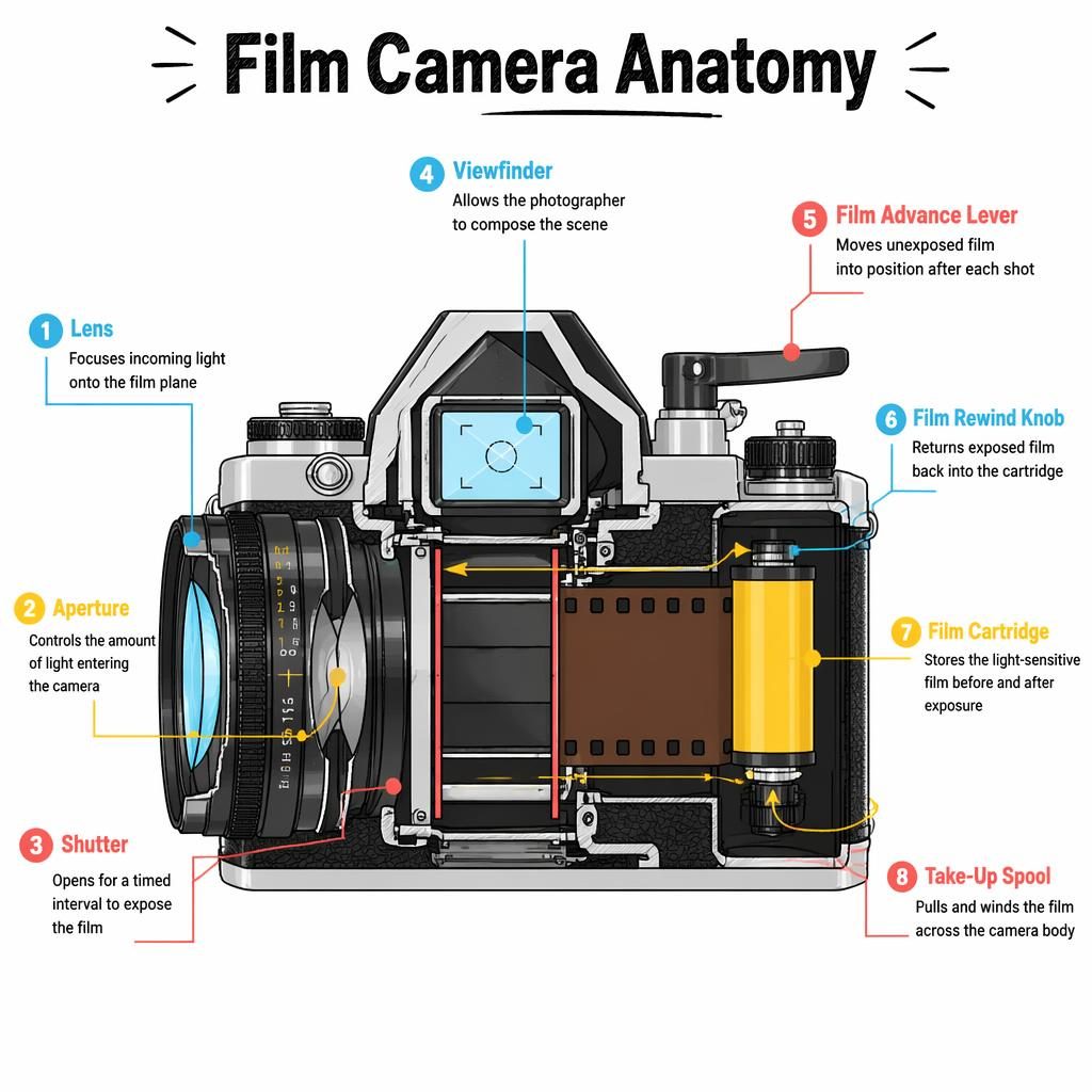Scientific-style infographic showing a labeled 35 mm film camera cross-section with 8 parts and English callouts.
