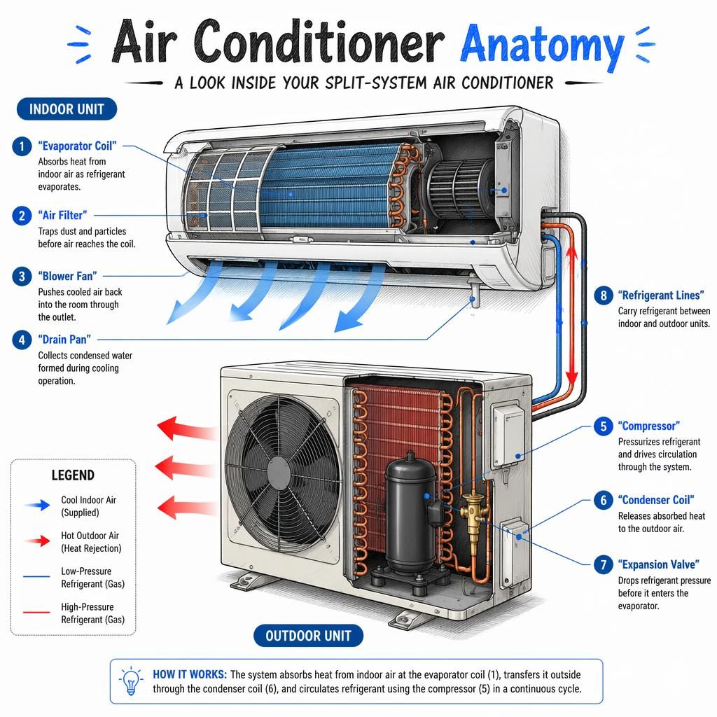 Technical infographic titled Air Conditioner Anatomy showing labeled split-system AC cross-section with 8 parts and airflow arrows.
