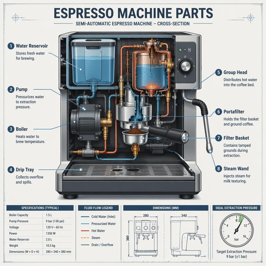Blueprint-style cross-section infographic of a semi-automatic espresso machine with 8 labeled parts and English callouts.