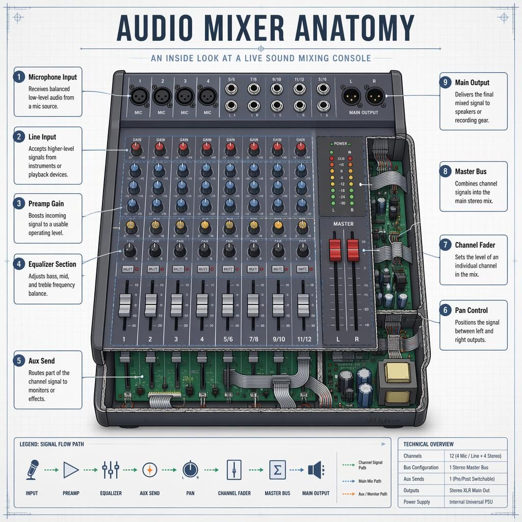 Technical anatomy infographic of a compact audio mixer with 9 labeled parts, blueprint grid, cutaway top view, and legend.
