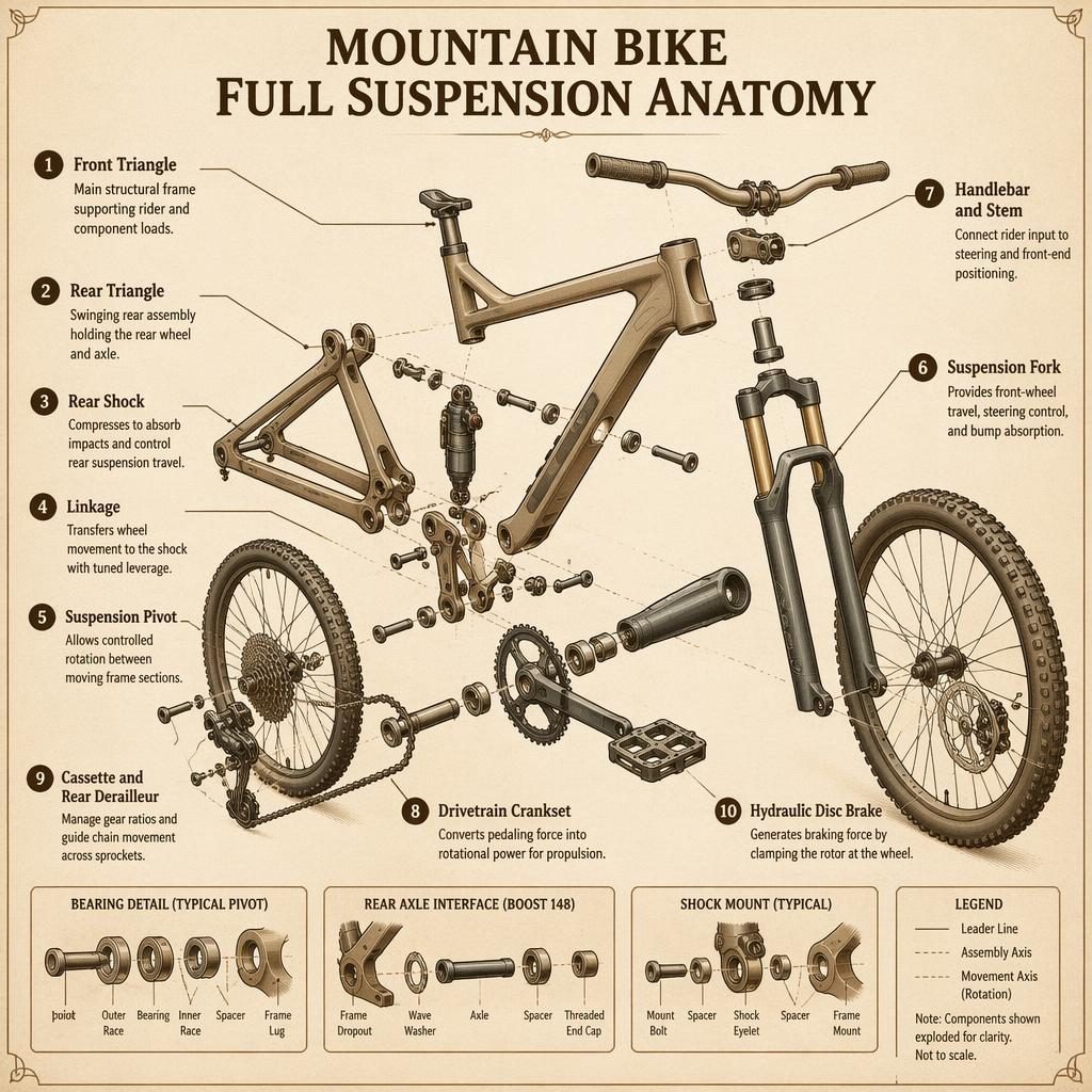Vintage sepia infographic showing an exploded full-suspension mountain bike anatomy with 10 labeled mechanical components.