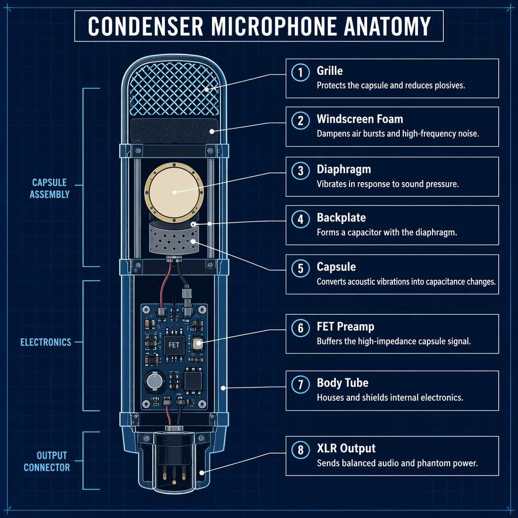 Blueprint-style condenser microphone anatomy infographic with labeled cross-section, 8 parts, leader lines, white text boxes.