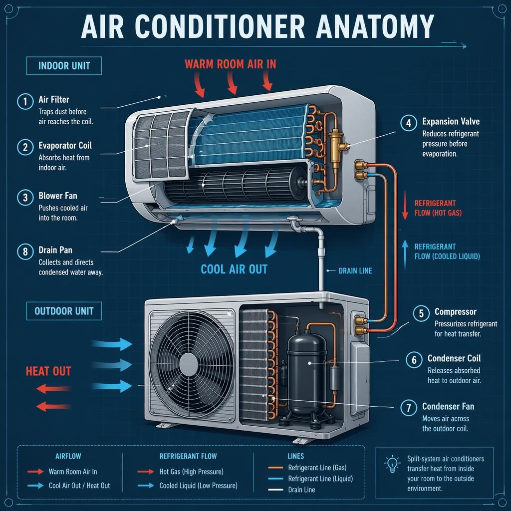 Blueprint-style Air Conditioner Anatomy infographic with labeled split-system indoor and outdoor unit cutaway diagram.