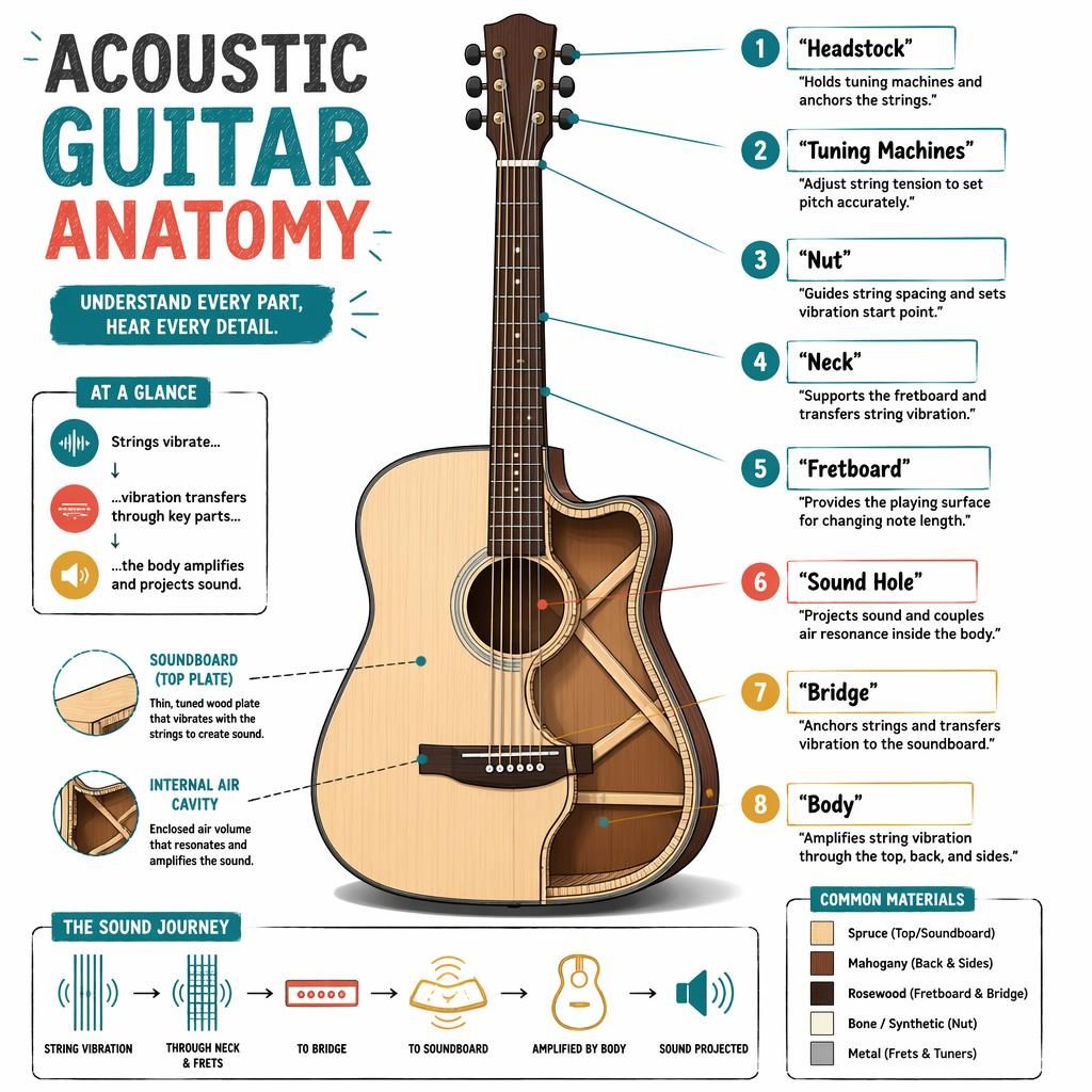 Editorial-style acoustic guitar anatomy infographic with 8 labeled parts, cutaway body view, leader lines, and colorful sketchnote annotations.