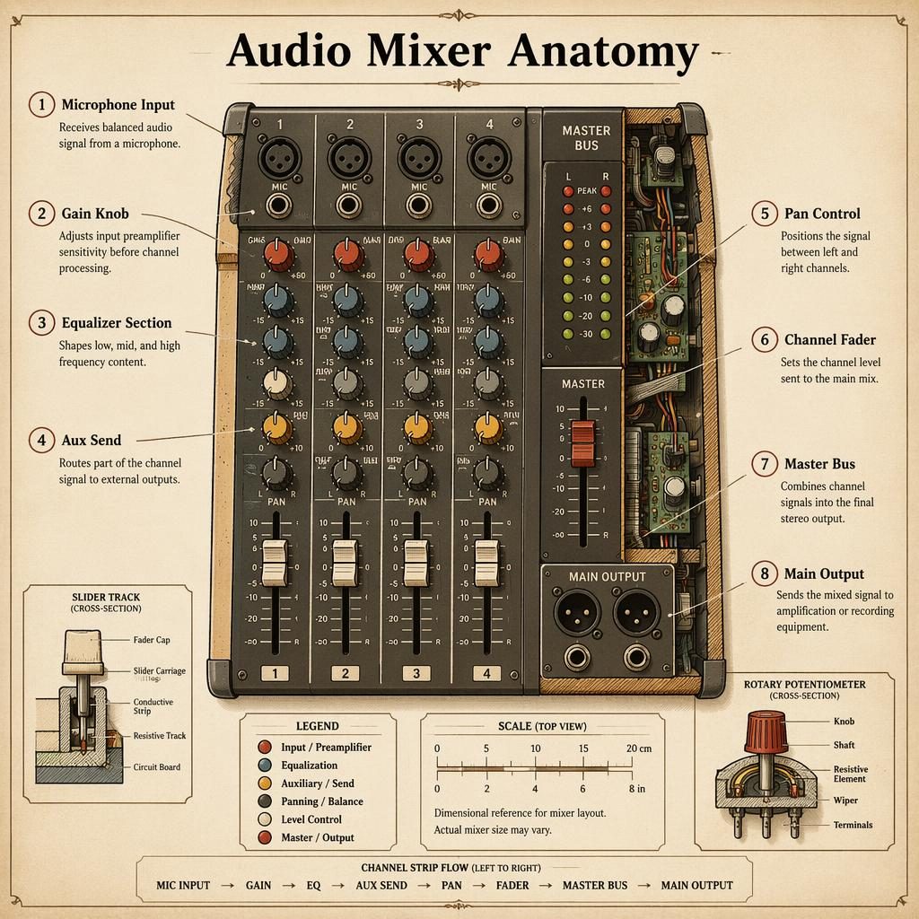 Sepia anatomy-style infographic of an audio mixer with 8 labeled parts, leader lines, inset cross-sections, and legend.