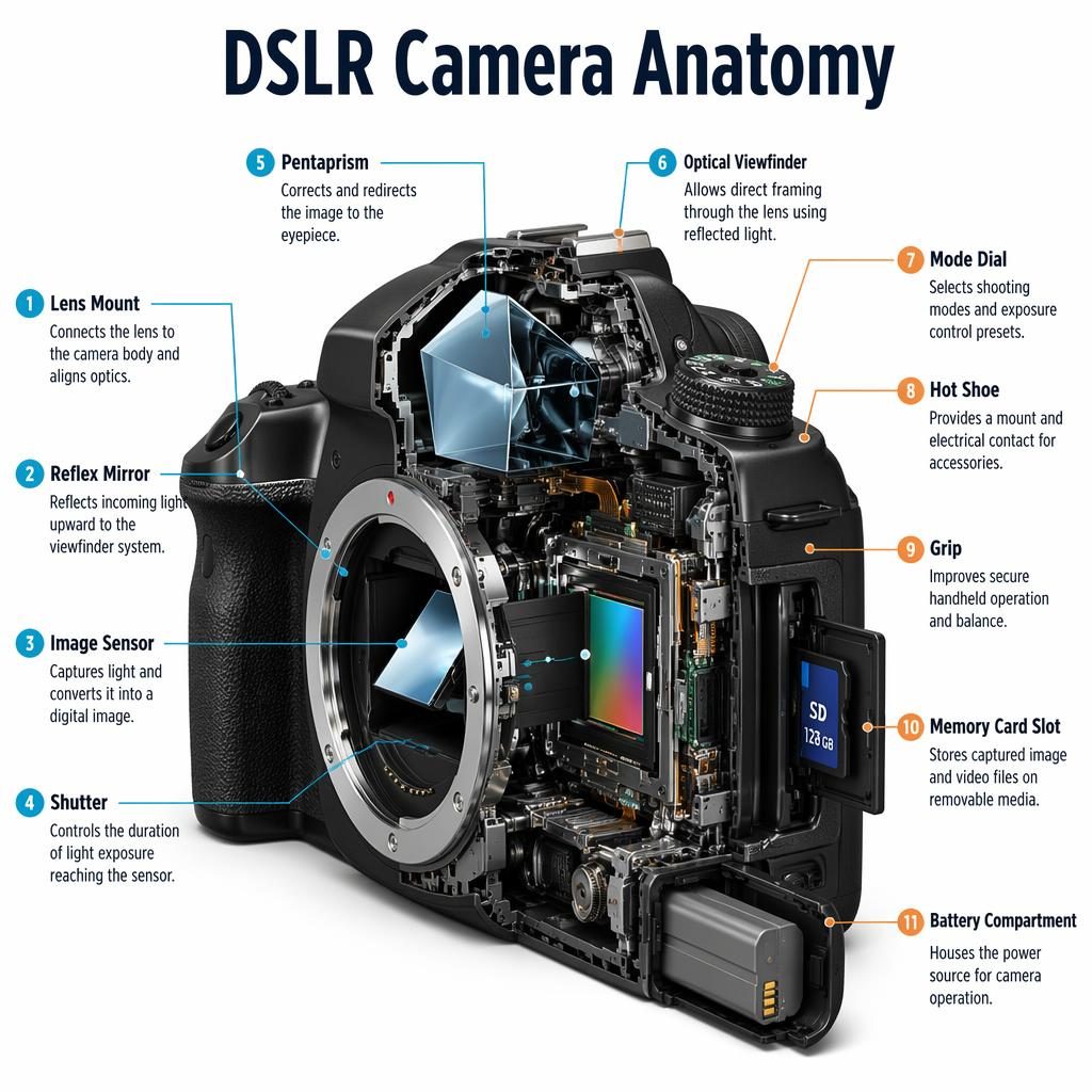 Infographie en coupe d’un appareil photo reflex DSLR avec 11 composants légendés et lignes d’appel sur fond blanc.