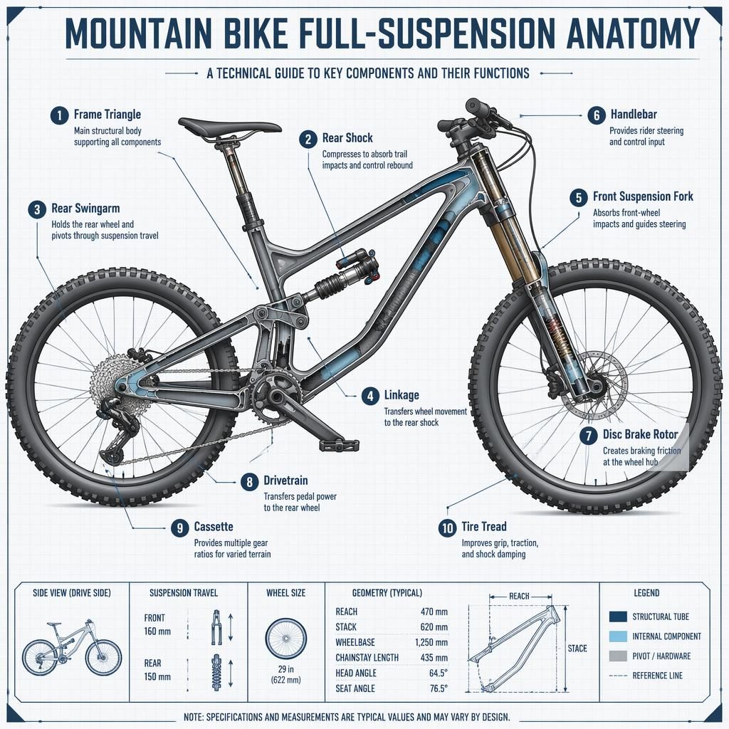Blueprint-style labeled side-view cutaway of a full-suspension mountain bike with 10 component callouts on a pale grid.