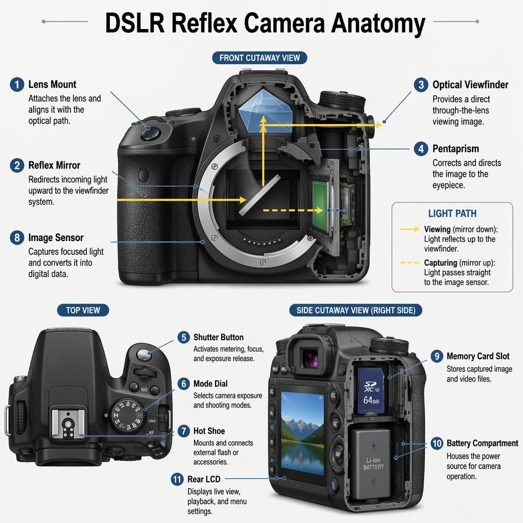 Infographie technique d’un reflex appareil photo en vues avant, dessus et coupe latérale avec composants légendés.