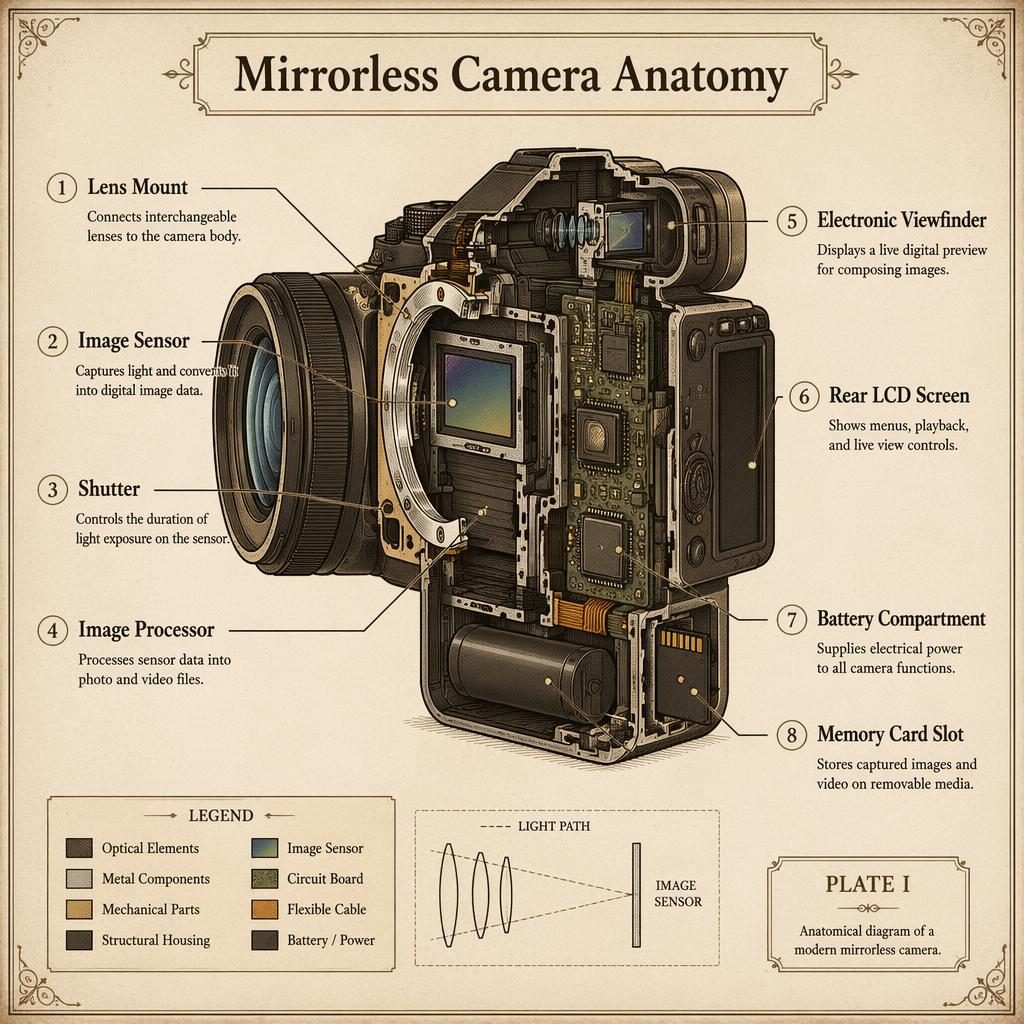 Vintage-style infographic of a mirrorless camera cross-section with 8 labeled parts, sepia engraved lines, and plate border.