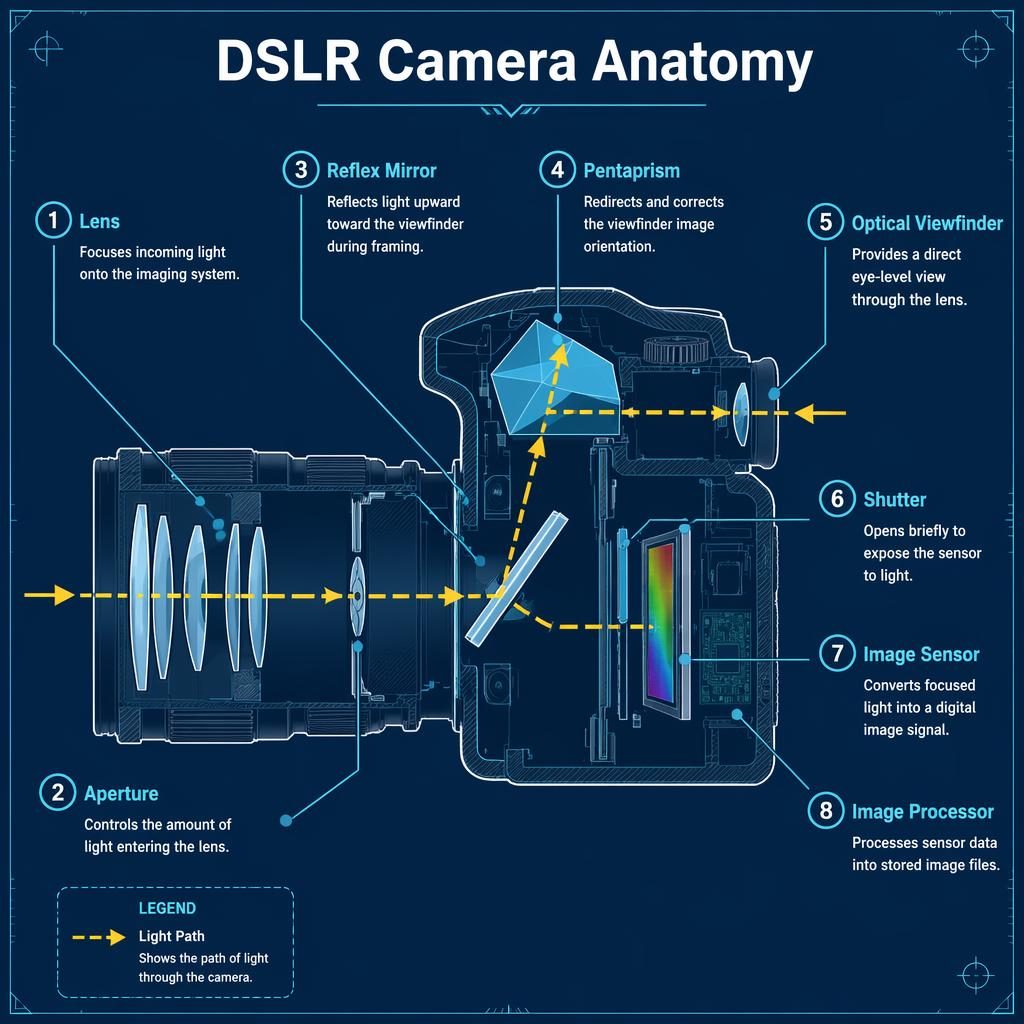 Infographie technique en coupe d’un appareil photo reflex bleu, avec 8 composants légendés et trajet optique visible.