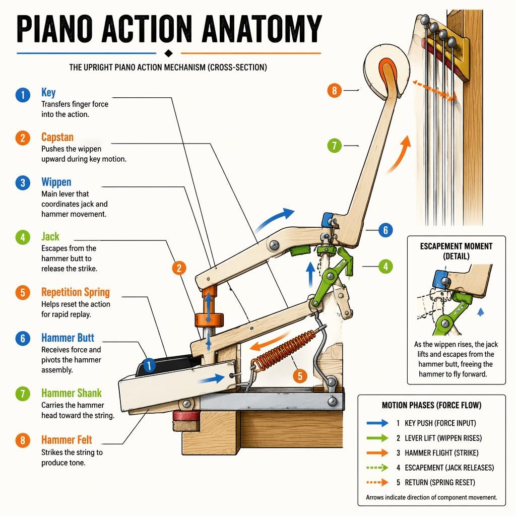 Infographic of an upright piano action cross-section with 8 labeled parts, motion arrows, escapement inset, and legend.