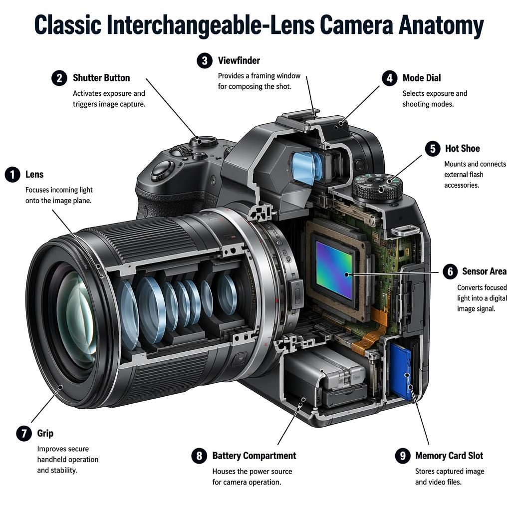 Infographie anatomique d’un appareil photo à objectif interchangeable avec coupe technique et 9 éléments légendés.