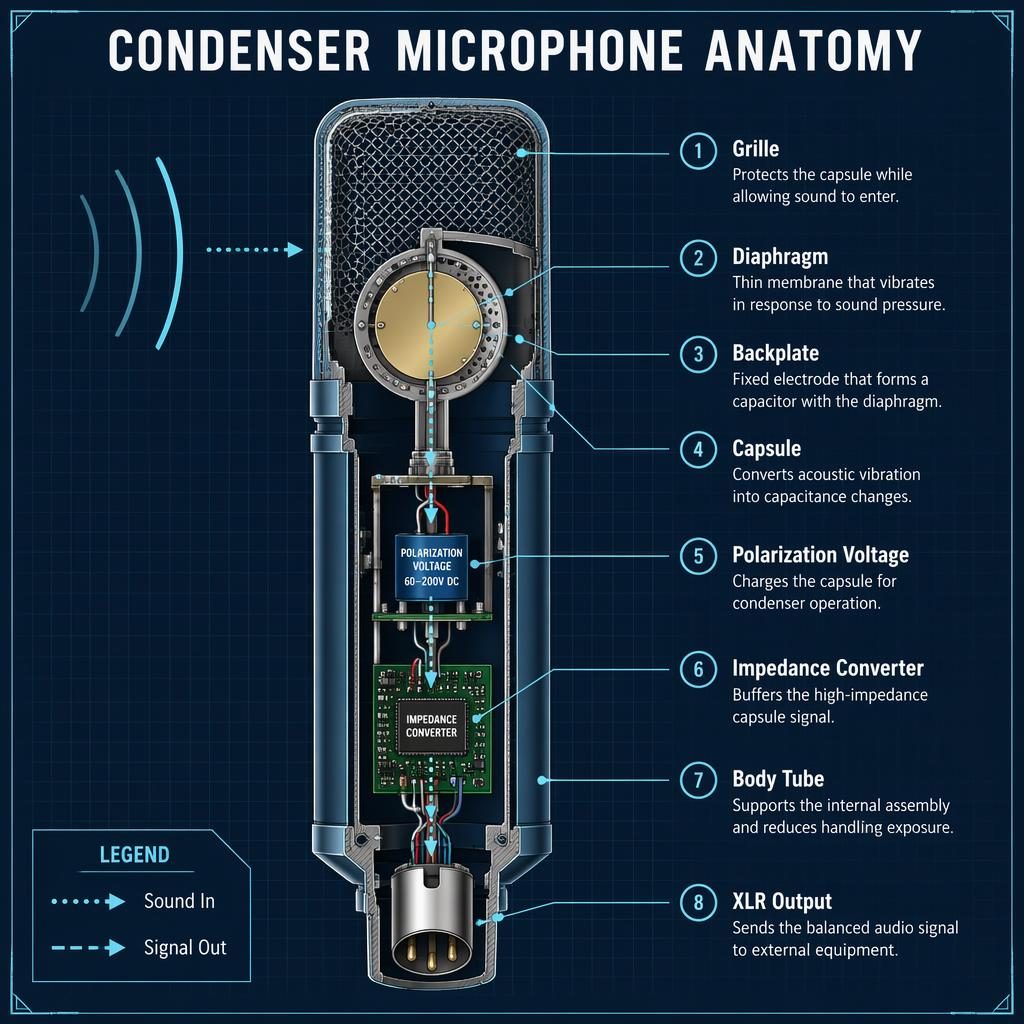 Blueprint-style infographic showing a labeled cutaway of a condenser microphone with 8 parts, arrows, legend, and XLR output.