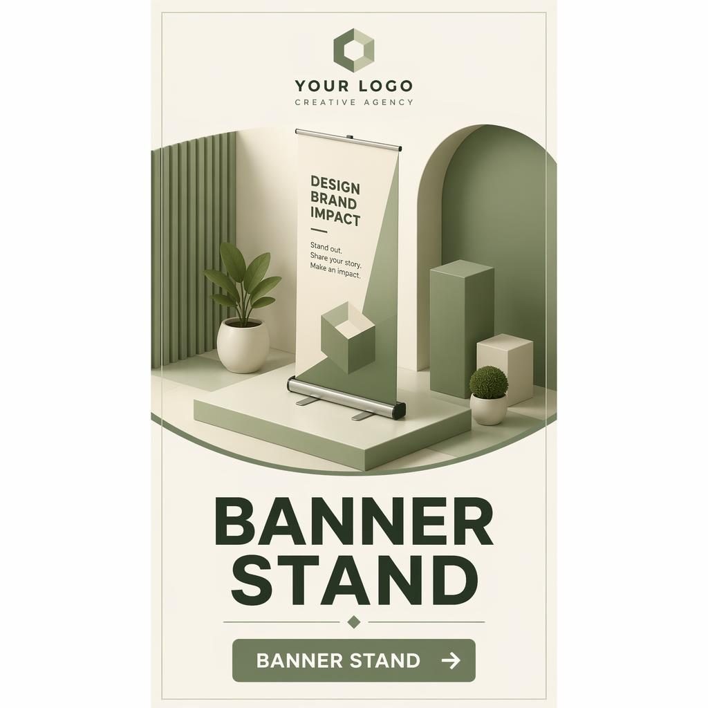Tall pull-up banner stand in sage and cream with isometric 3D layout, logo placeholder, central hero visual, headline and CTA