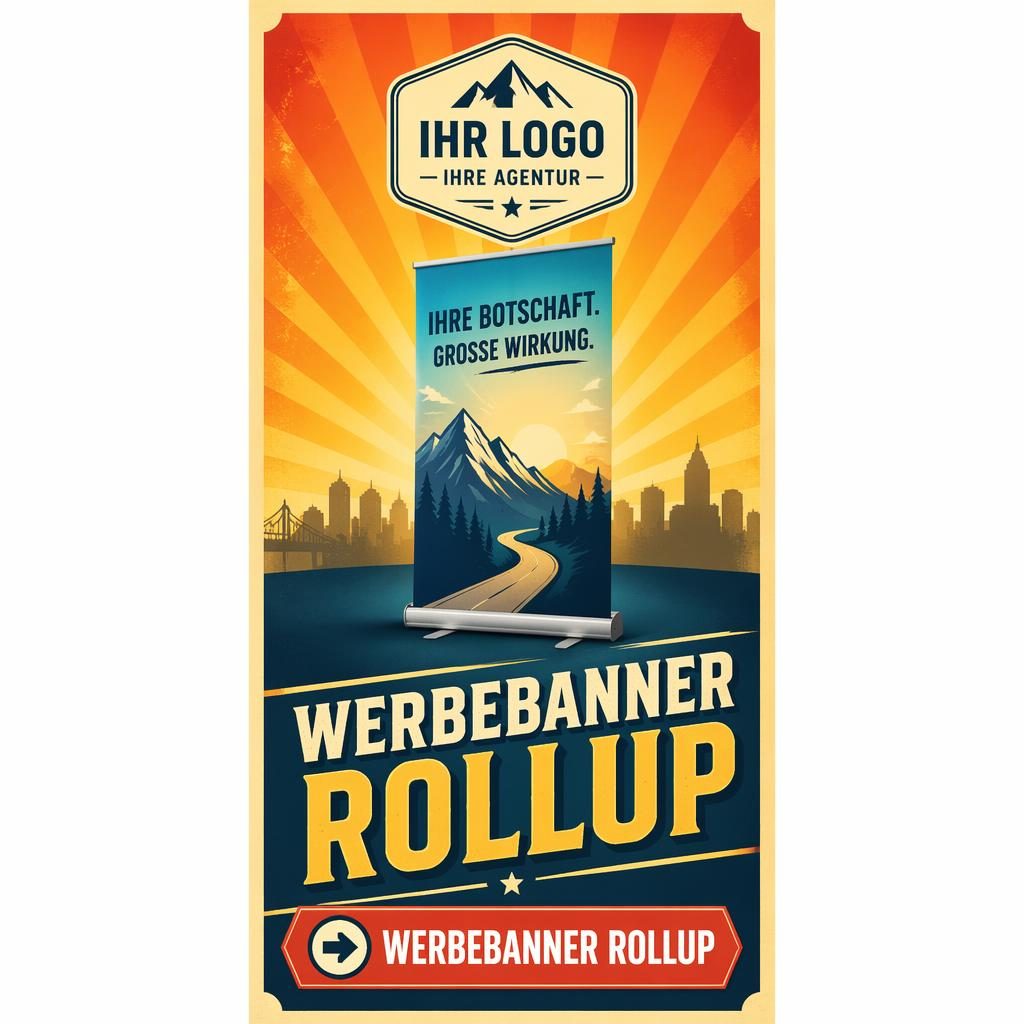 Hohes Pull-up-Rollbanner im Vintage-Messeposter-Stil mit Farbverlauf, Logo-Platzhalter oben, Motiv mittig, Headline und CTA unten.