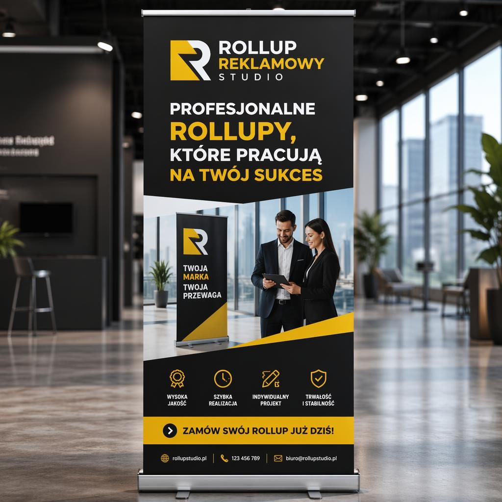 Fotorealistyczny rollup reklamowy do druku z logo u góry, grafiką biznesową pośrodku oraz nagłówkiem i CTA na dole.