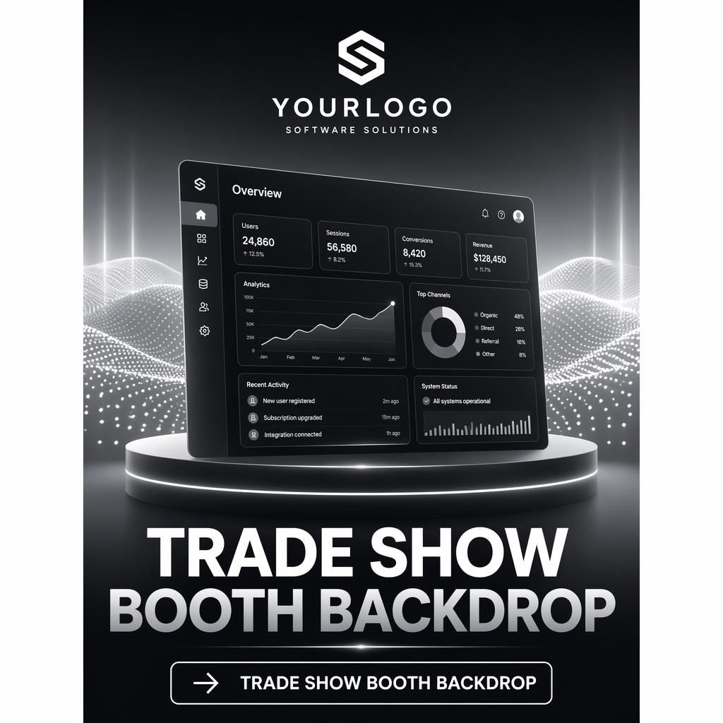 Tall monochrome tech gradient trade show booth backdrop with logo placeholder, hero visual, headline area, and CTA.