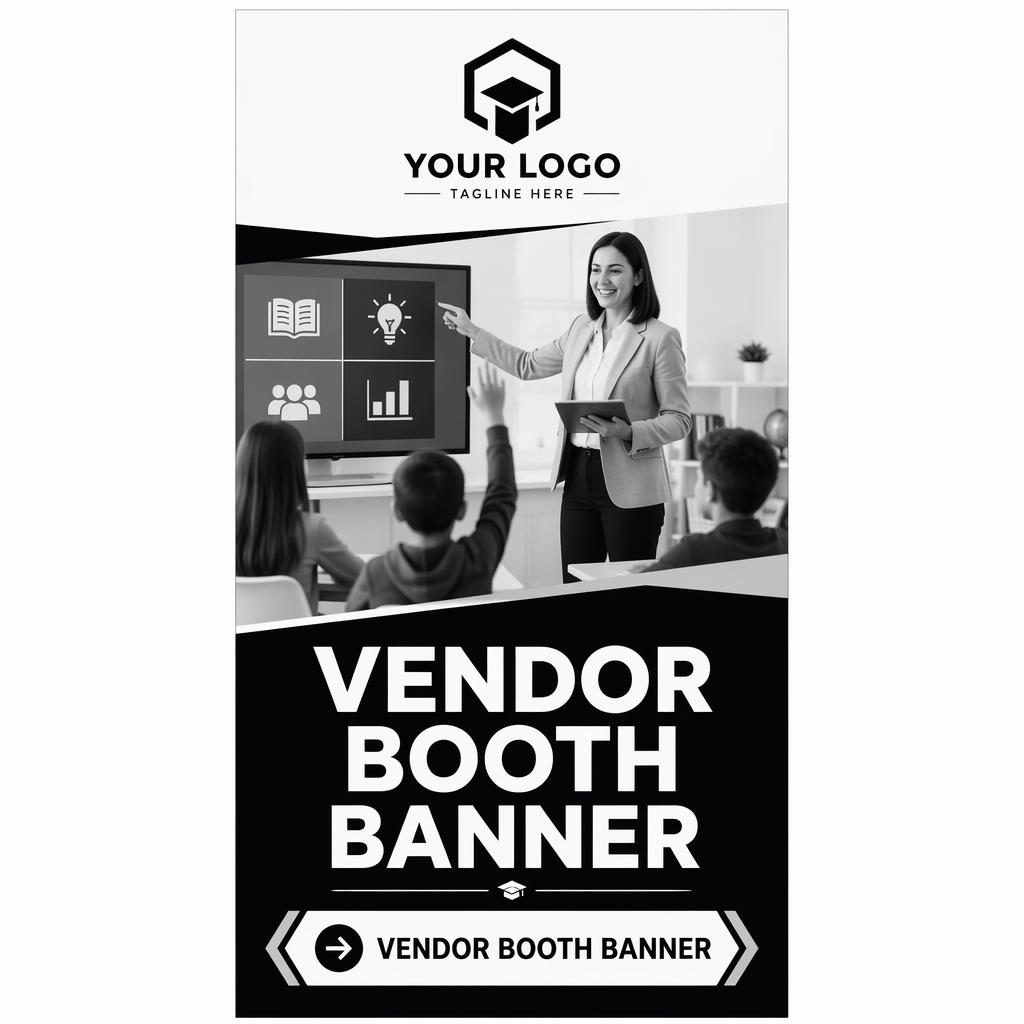 Tall monochrome pull-up vendor booth banner for education, with logo placeholder, central hero graphic, headline and CTA.