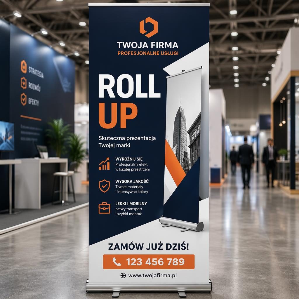 Wysoki baner roll up z logo zastępczym u góry, realistycznym stojakiem pośrodku i CTA na dole.