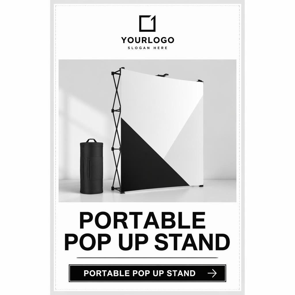 Minimal monochrome trade-show table runner banner with logo placeholder, central hero visual, headline and CTA layout.