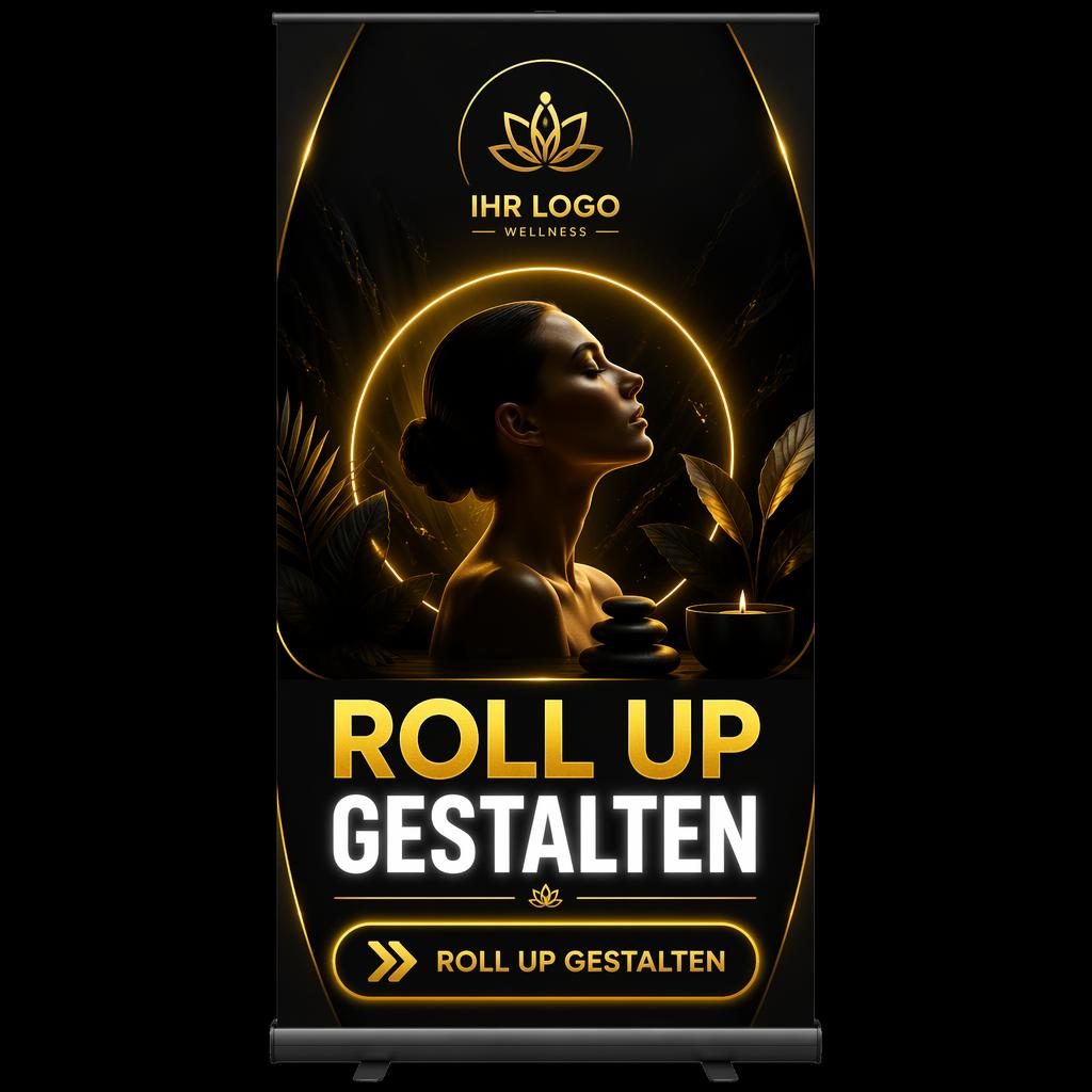 Hohes Roll-up-Banner im Luxusstil in Schwarz und Gold mit Wellness-Motiv, Logo-Platzhalter, Headline und CTA unten.