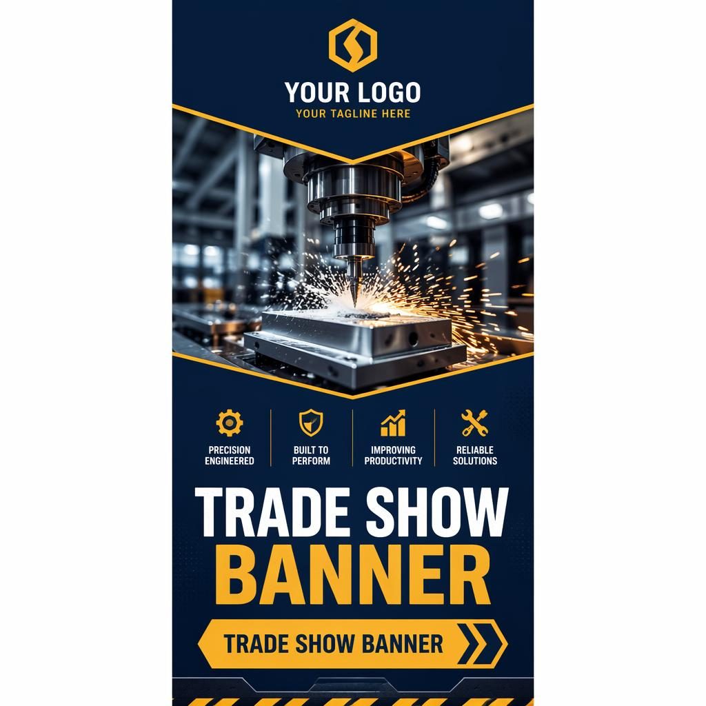 Industrial-style table runner trade show banner in navy and gold with logo area, hero visual, headline, and CTA layout