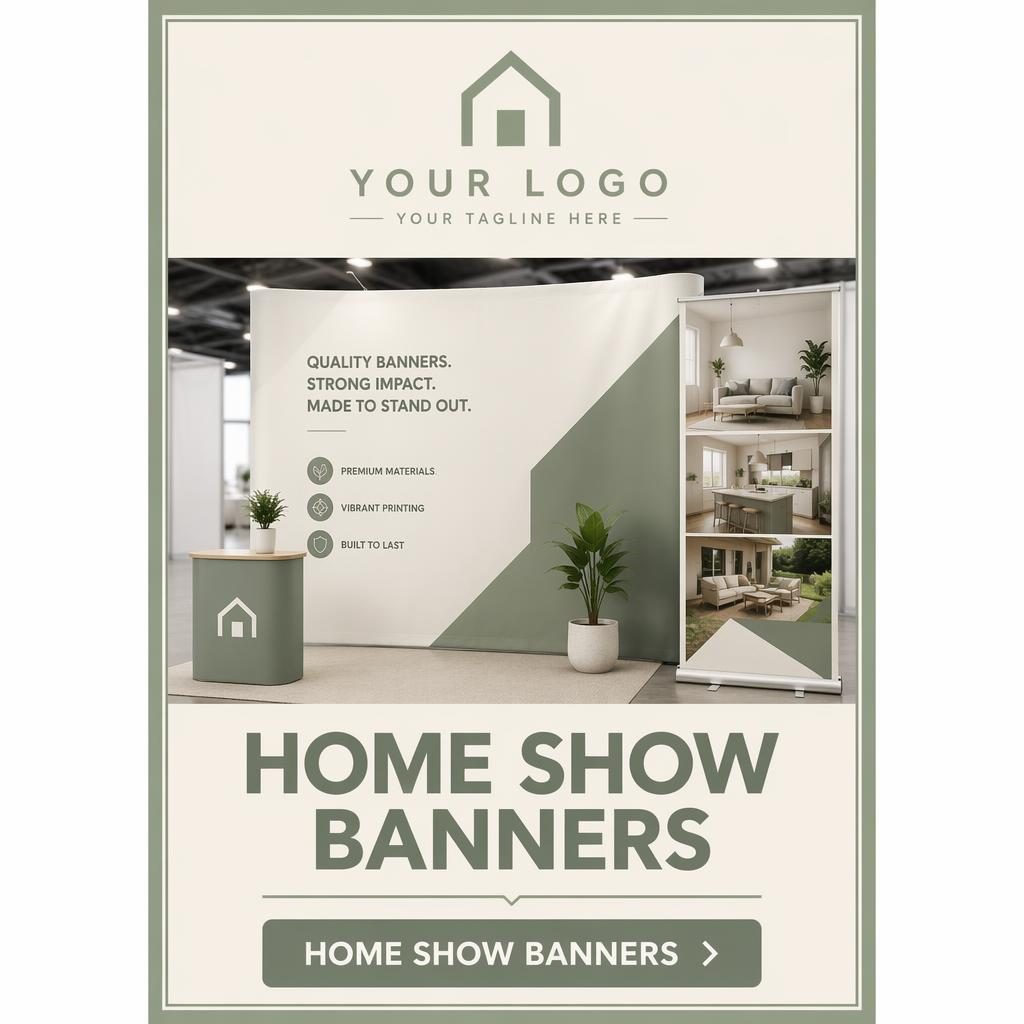 Tall minimalist Swiss-style trade show booth backdrop wall in sage and cream with logo area, hero visual, headline, and CTA.
