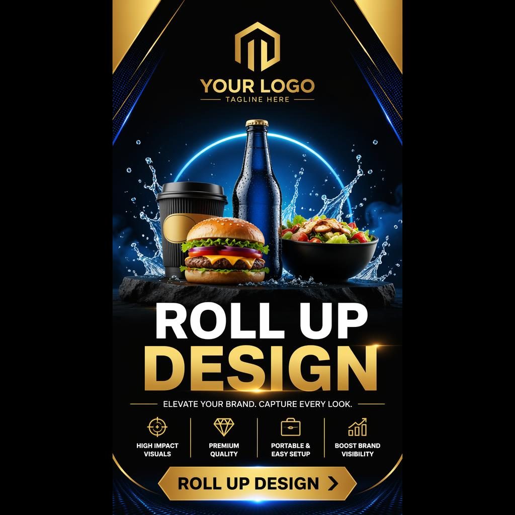 Tall portrait trade show banner with black, gold, and tech blue accents, hero beverage visual, logo area, headline and CTA zones.