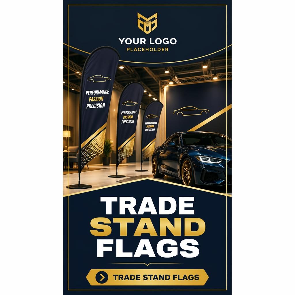 Tall portrait hanging ceiling sign banner in navy and gold with logo placeholder, hero graphic, headline area, and CTA.