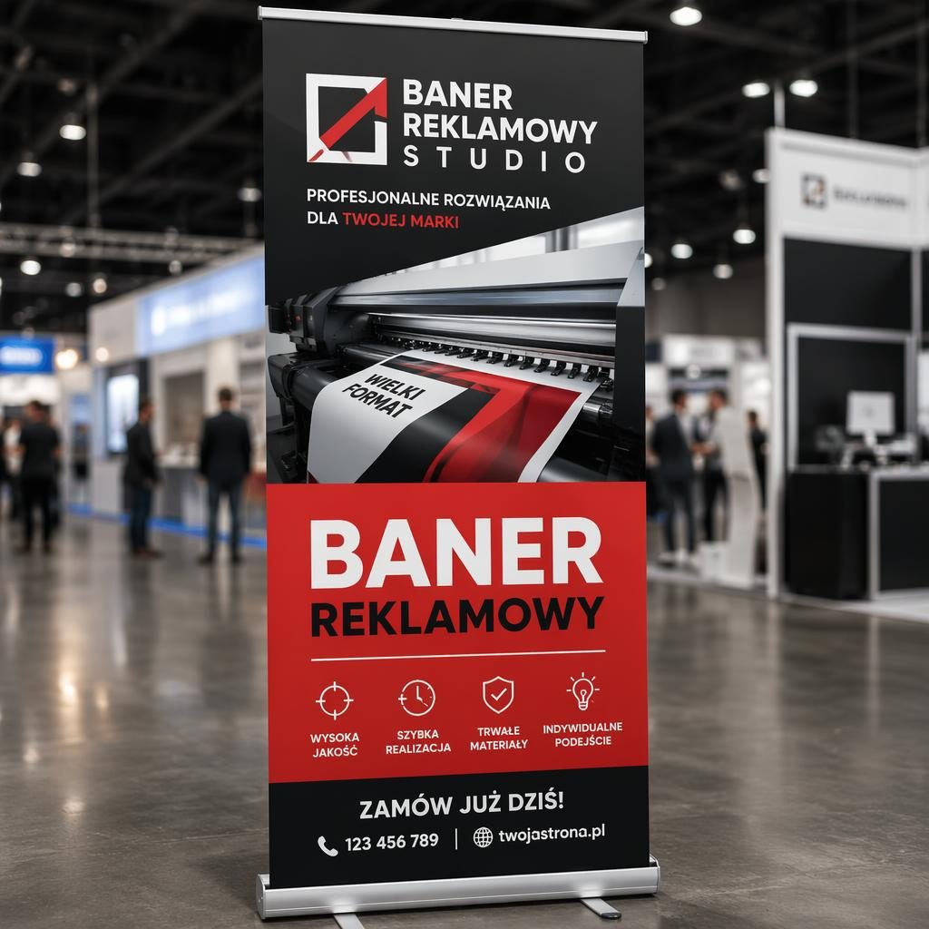 Fotorealistyczny mockup roll-up na targi z nagłówkiem Baner Reklamowy, logo zastępczym, grafiką hero i CTA