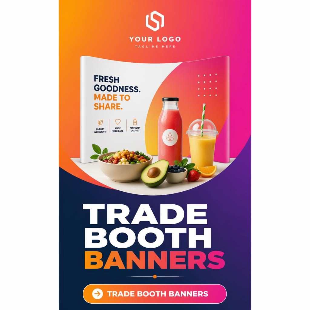 Tall floor sticker banner with placeholder logo, central beverage hero visual, bold headline area, CTA section, and vibrant gradient