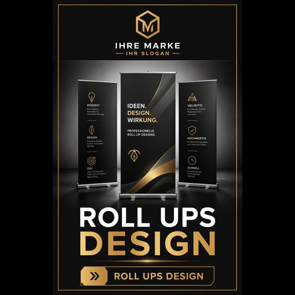 Schwarz-goldener Table-Runner-Messebanner im Hochformat mit Logo-Platzhalter oben, Hero-Motiv mittig, Headline und CTA unten.
