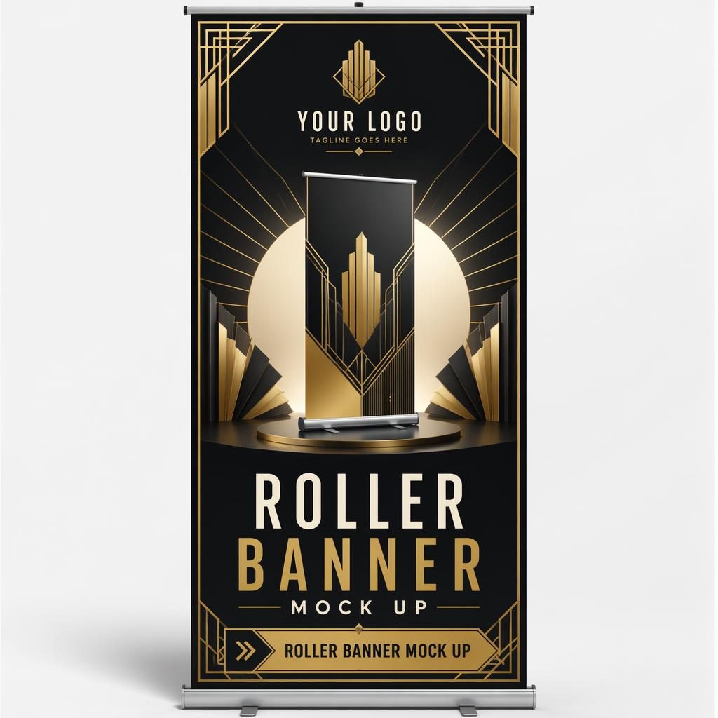 Tall pull-up roller banner mock up with art deco styling, manufacturing hero graphic, top logo placeholder, headline and CTA.
