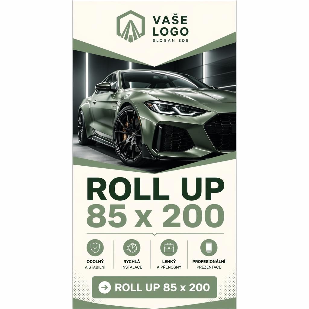 Vysoký roll up banner 85 x 200 v automotive stylu, šalvějová a krémová, logo nahoře, hlavní vizuál uprostřed, CTA dole.