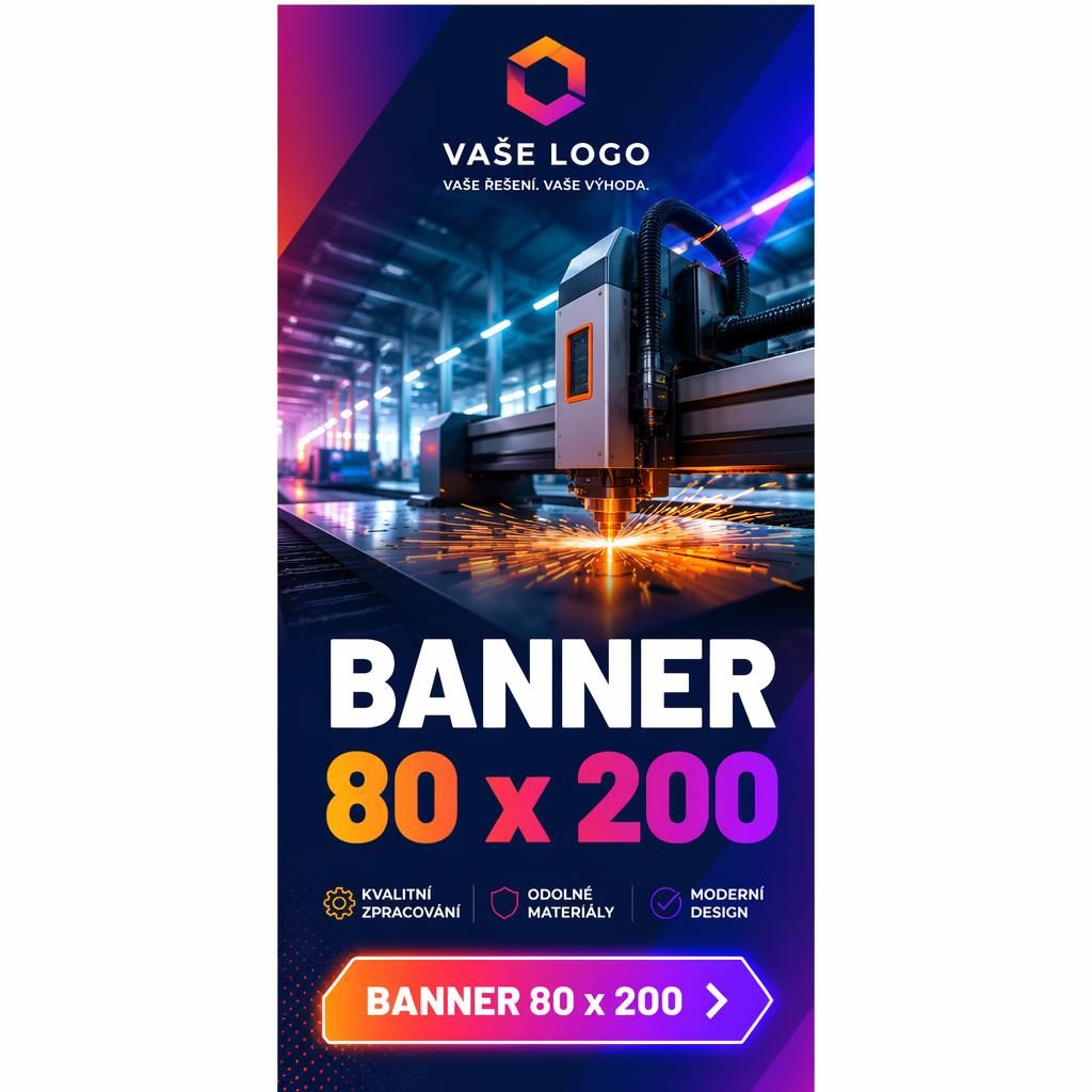 Vysoký veletržní banner 80 x 200 s gradientním pozadím, místem pro logo, hero vizuálem a výraznou typografií.