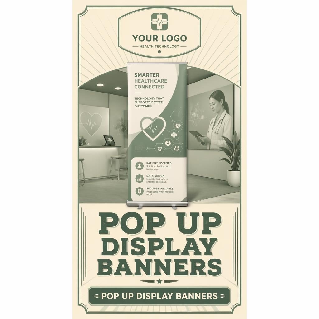 Tall vintage-style health tech pull-up roll banner in sage and cream with logo placeholder, hero graphic, headline and CTA.
