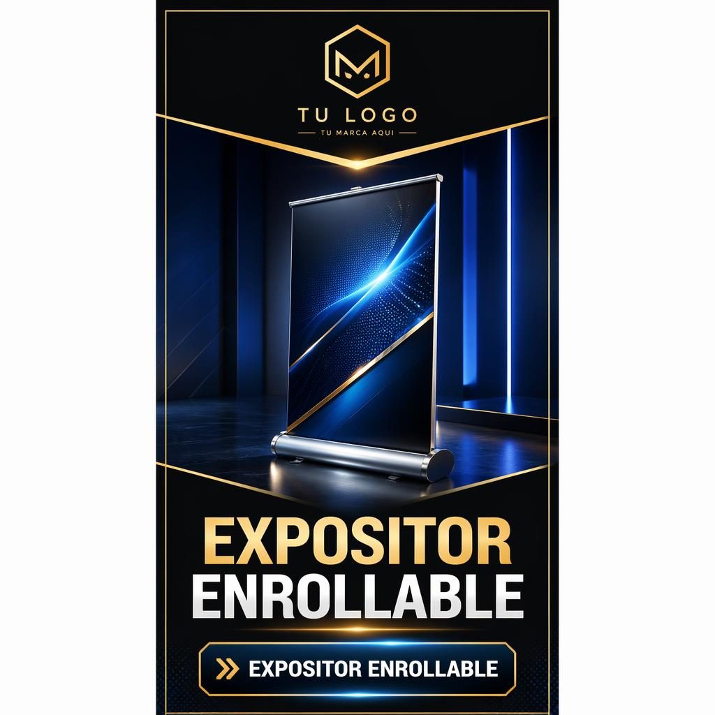 Banner pull-up vertical de lujo en negro, dorado y azul tech, con logo arriba, visual central y CTA abajo.