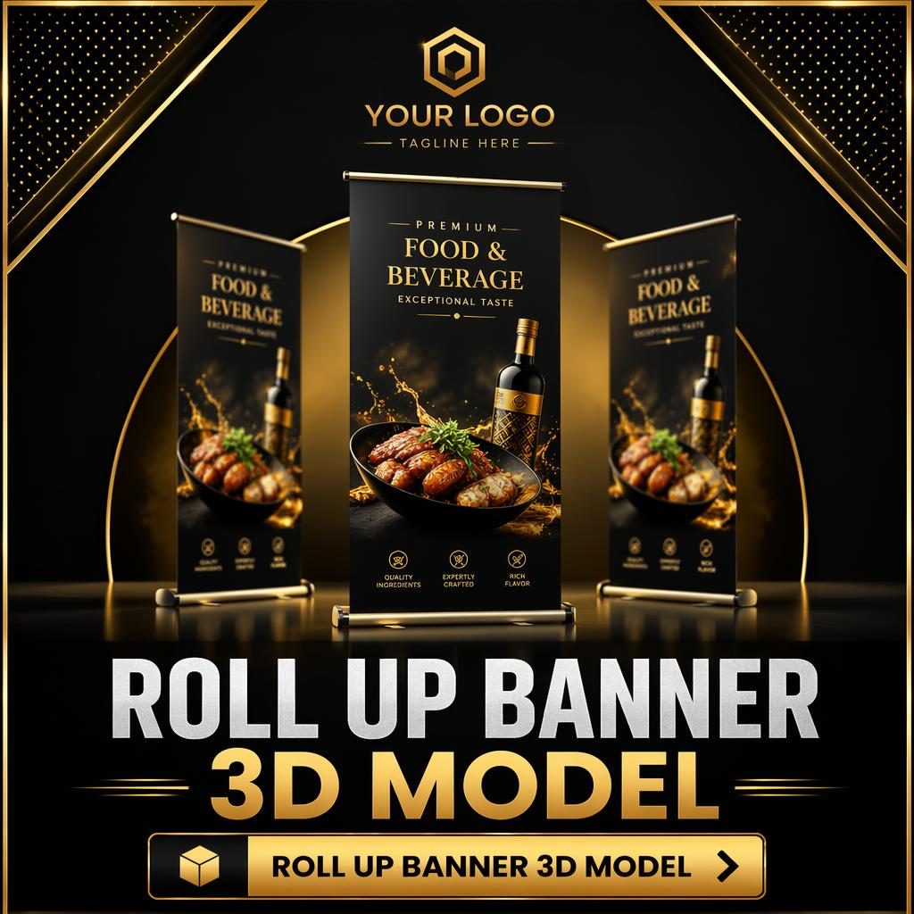 Luxury black and gold step-and-repeat roll up banner 3D model with food beverage theme in a tall portrait layout.