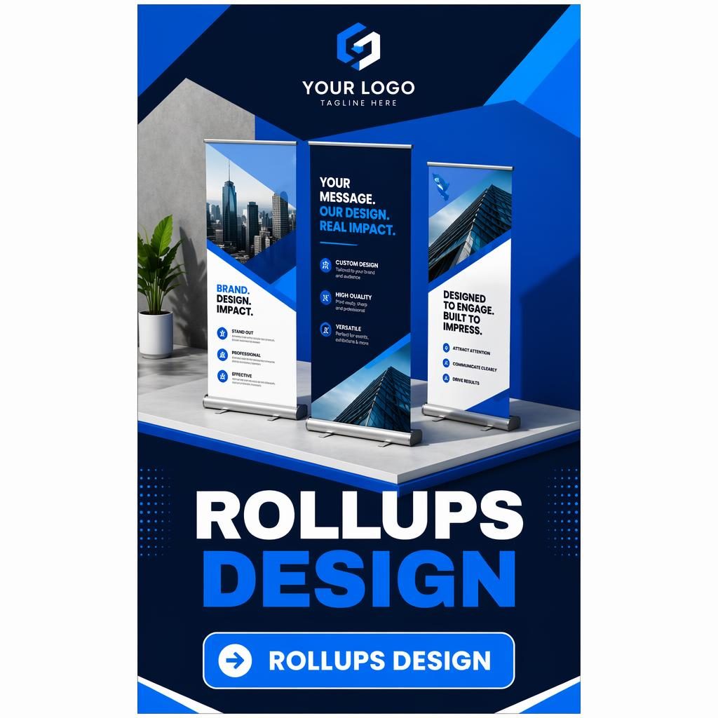 Tall portrait trade-show booth backdrop wall with isometric 3D graphics, logo placeholder, hero visual, headline and CTA zones.