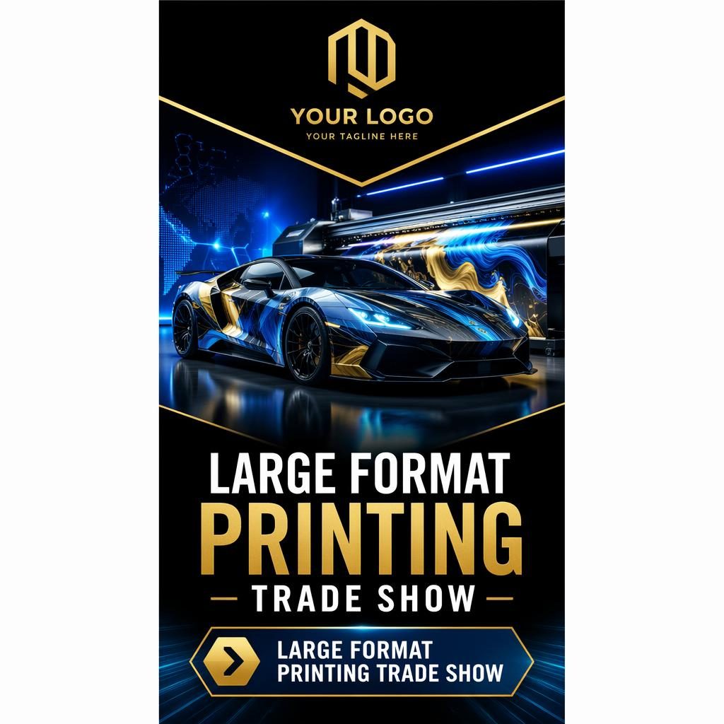 Tall hanging ceiling sign banner in black, gold, and tech blue with hero graphic, logo placeholder, headline, and CTA.