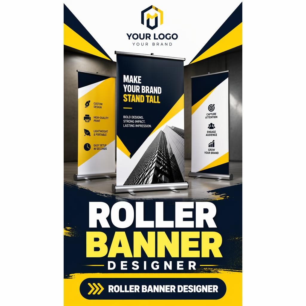 Tall pull-up trade-show banner mockup with placeholder logo at top, central hero graphic, bold headline area, and CTA section.