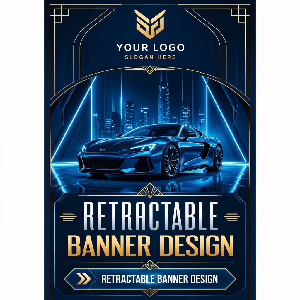 Tall automotive step-and-repeat banner in tech blue art deco style with logo area, car hero image, headline and CTA zones.