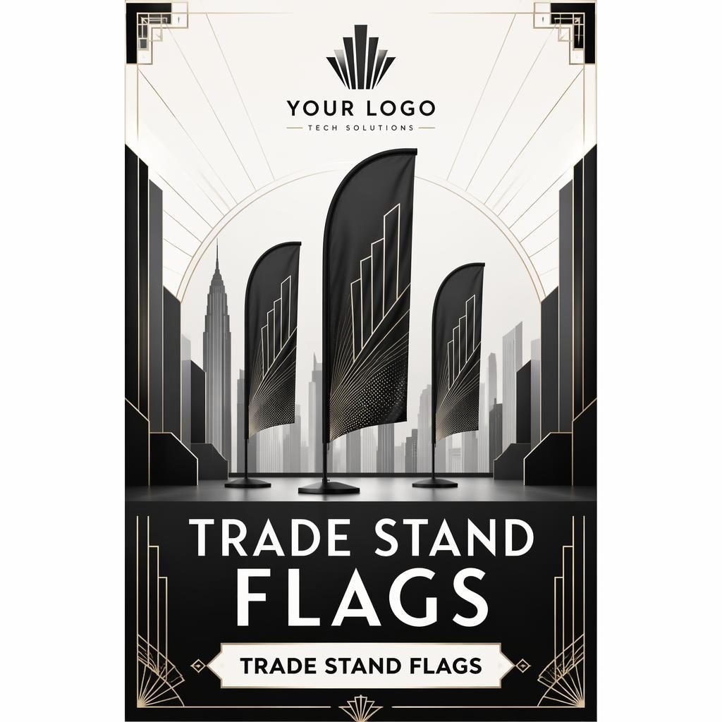 Tall monochrome art deco trade-show banner with placeholder logo, central hero graphic, and readable trade stand flags CTA.