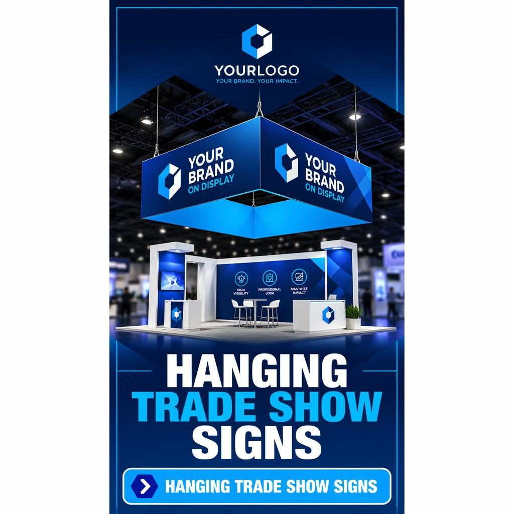 Tall portrait trade show banner with isometric 3D blue ceiling sign, logo placeholder, hero graphic, headline and CTA area