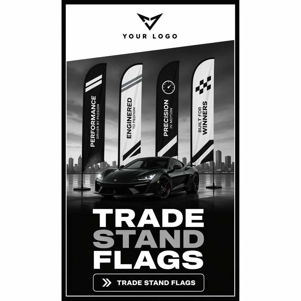 Tall monochrome automotive floor sticker banner with placeholder logo, car-themed hero graphic, bold headline area, and CTA section.
